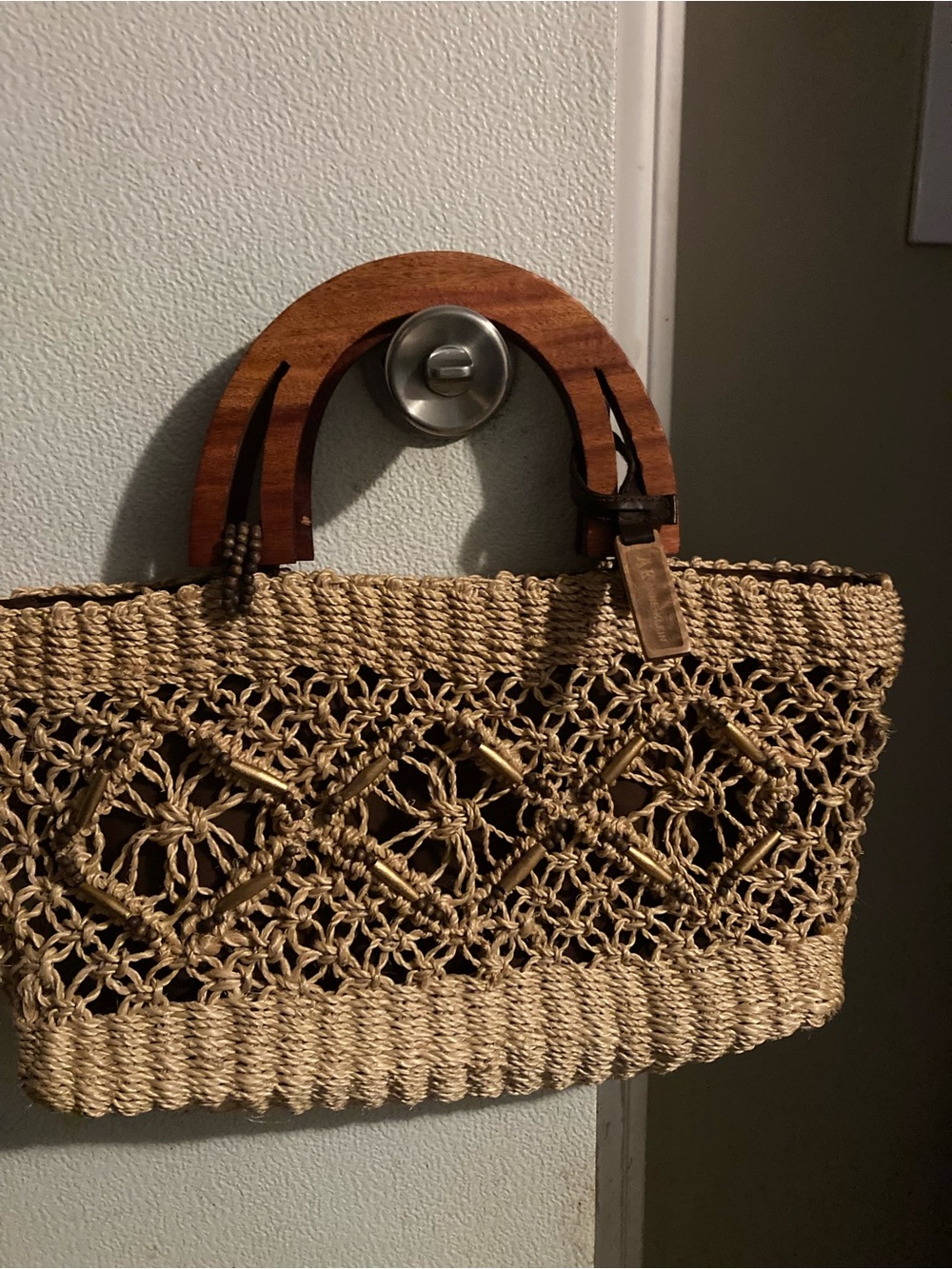 Woven Straw Tote Bag with Wooden Handles - Natural